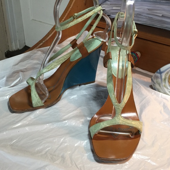 Louis Vuitton teal leather wedges Italy 37.5-7.5 - Picture 1 of 9